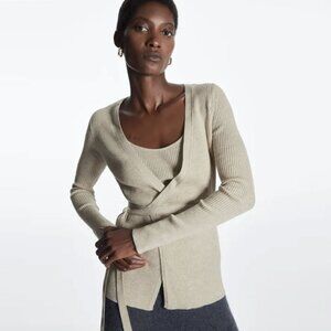 COS Open Tie Front Ribbed Wool Wrap Cardigan in Light Beige, size S